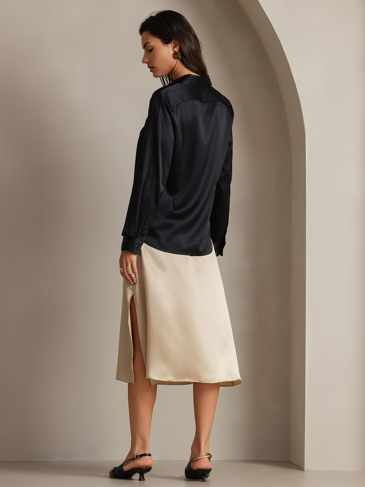 [Black] SilkSilky-UK Silk Long Sleeve Collar Women's Shirt 002