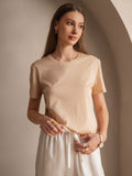 SilkSilky UK Silk Knitted Short Sleeve Round Neck Women's T Shirt Beige 001