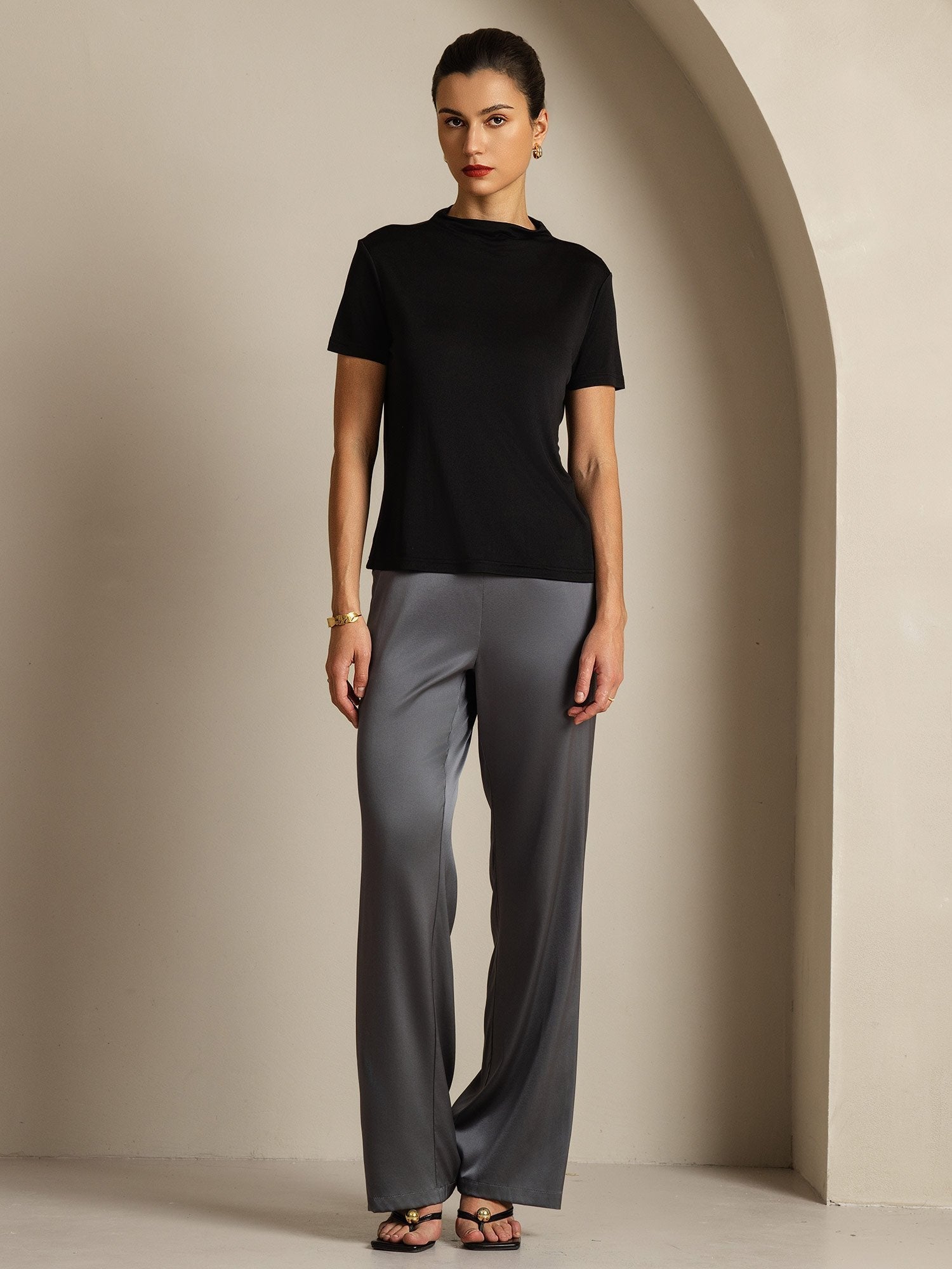 [Black] SilkSilky-UK Pure Silk Collar Women's T-Shirt 007