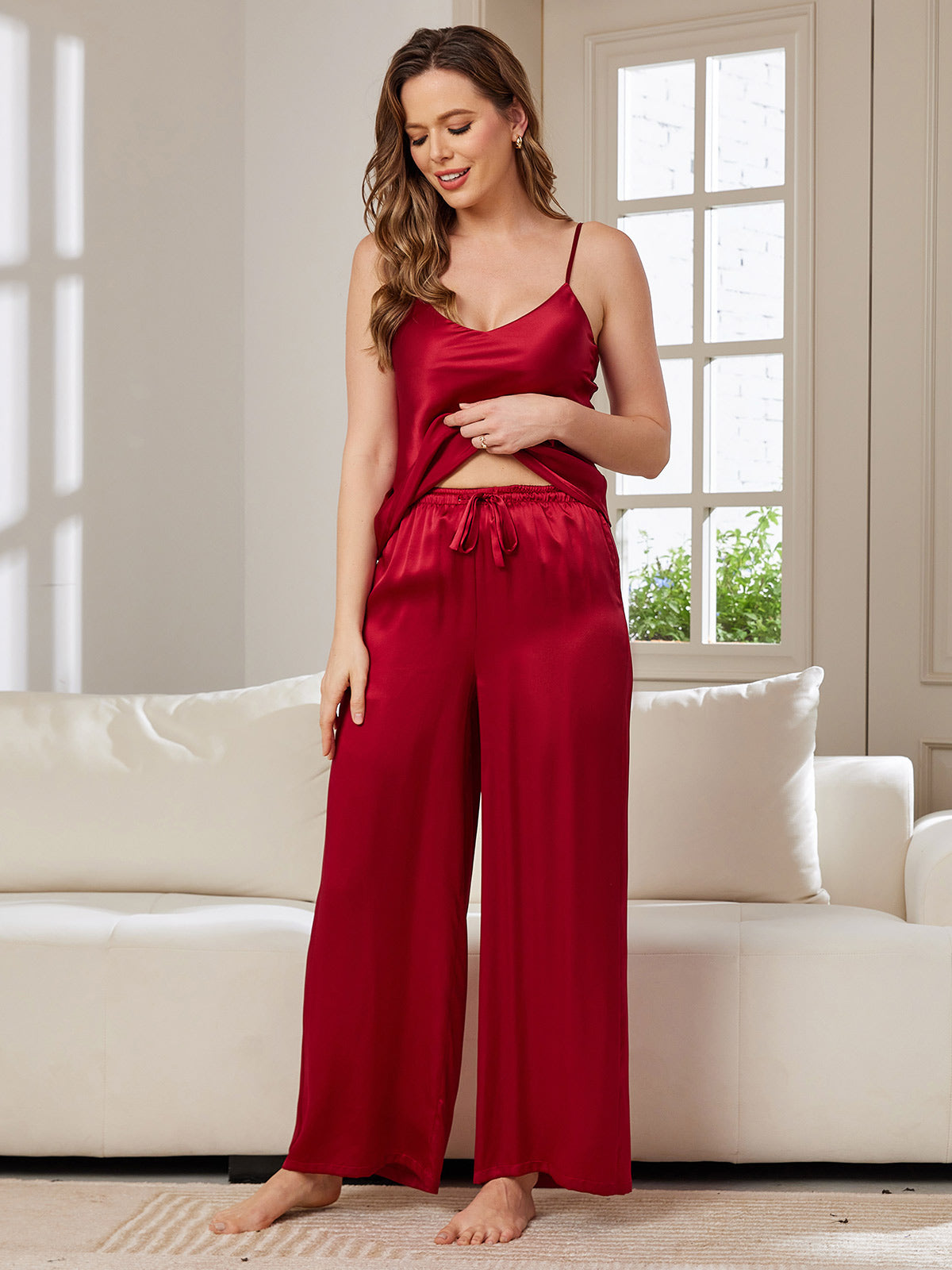 SilkSilky UK Pure Silk Sleeveless V Neck Camisole Set Wine 005