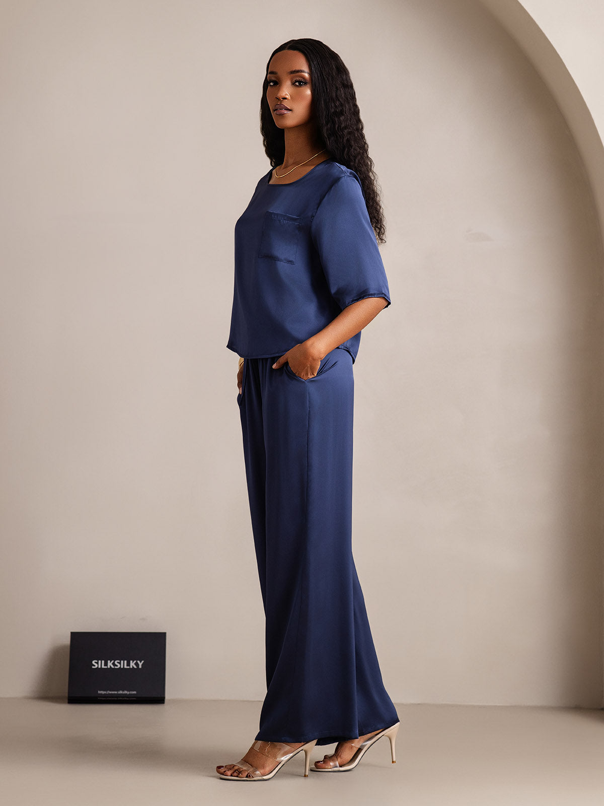 [Dark Blue] SilkSilky-UK Pure Silk Round Neck Women's Pyjamas 004