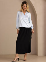 [Light Blue] SilkSilky-UK Long Sleeve Wrap Women's Blouse 007