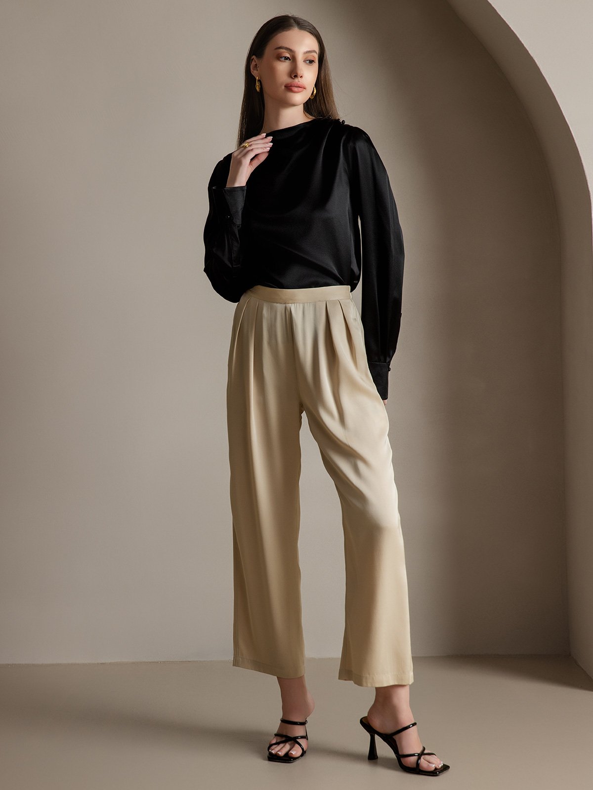[Black] SilkSilky-UK 19Momme Silk Boat Neck Women's Shirt 007
