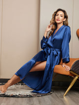 [Dark Blue] SilkSilky-UK 19Momme Stretch Silk Charmeuse Long Sleeve Women's Dressing Gown 007