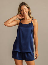 [Dark Blue] SilkSilky-UK 19Momme Machine-Washable Silk Spaghetti Strap Round Neck Camisole Set 003