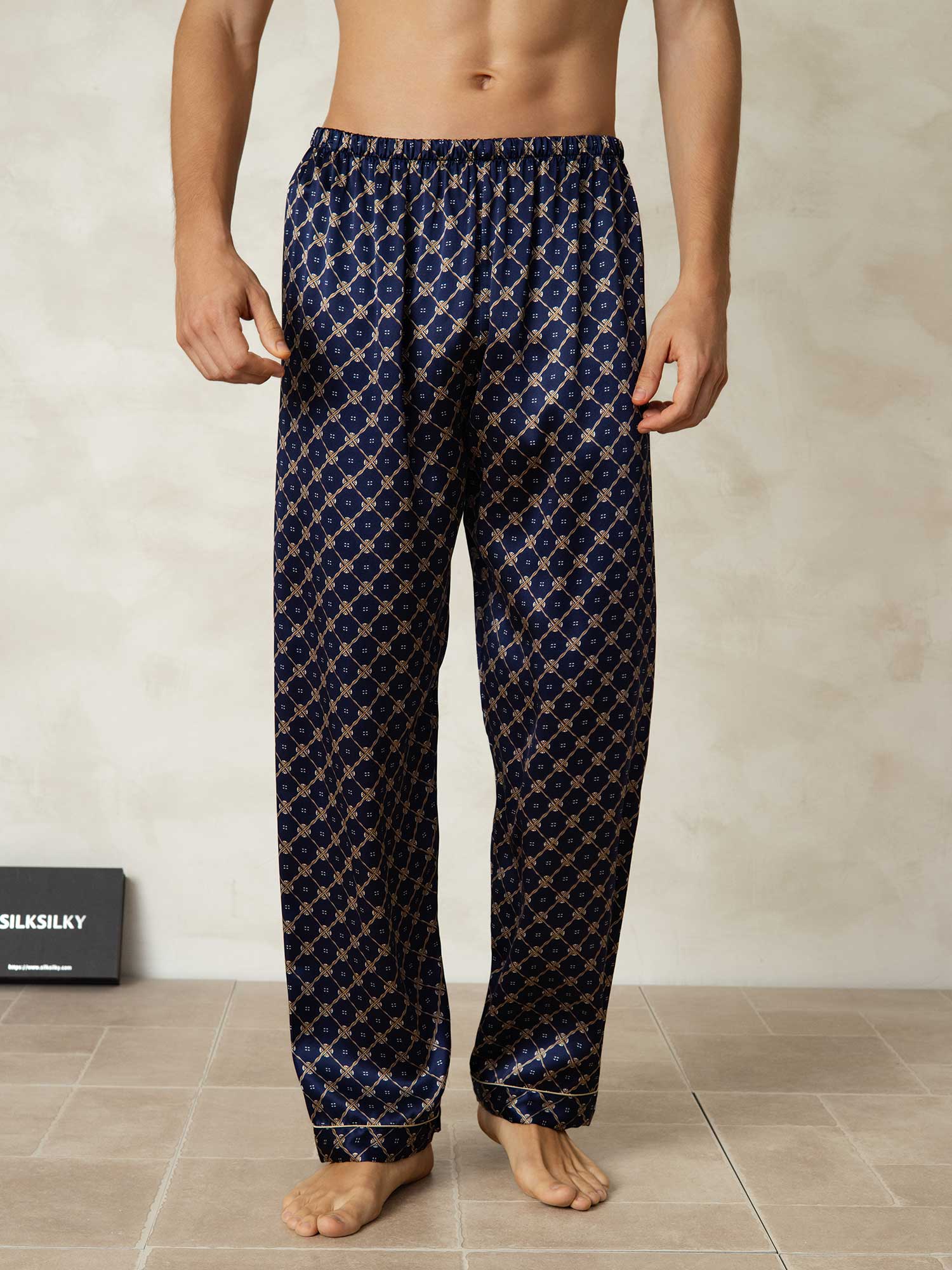 [Navy Chain] SilkSilky-UK Pure Silk Mens Sleep Bottoms 001
