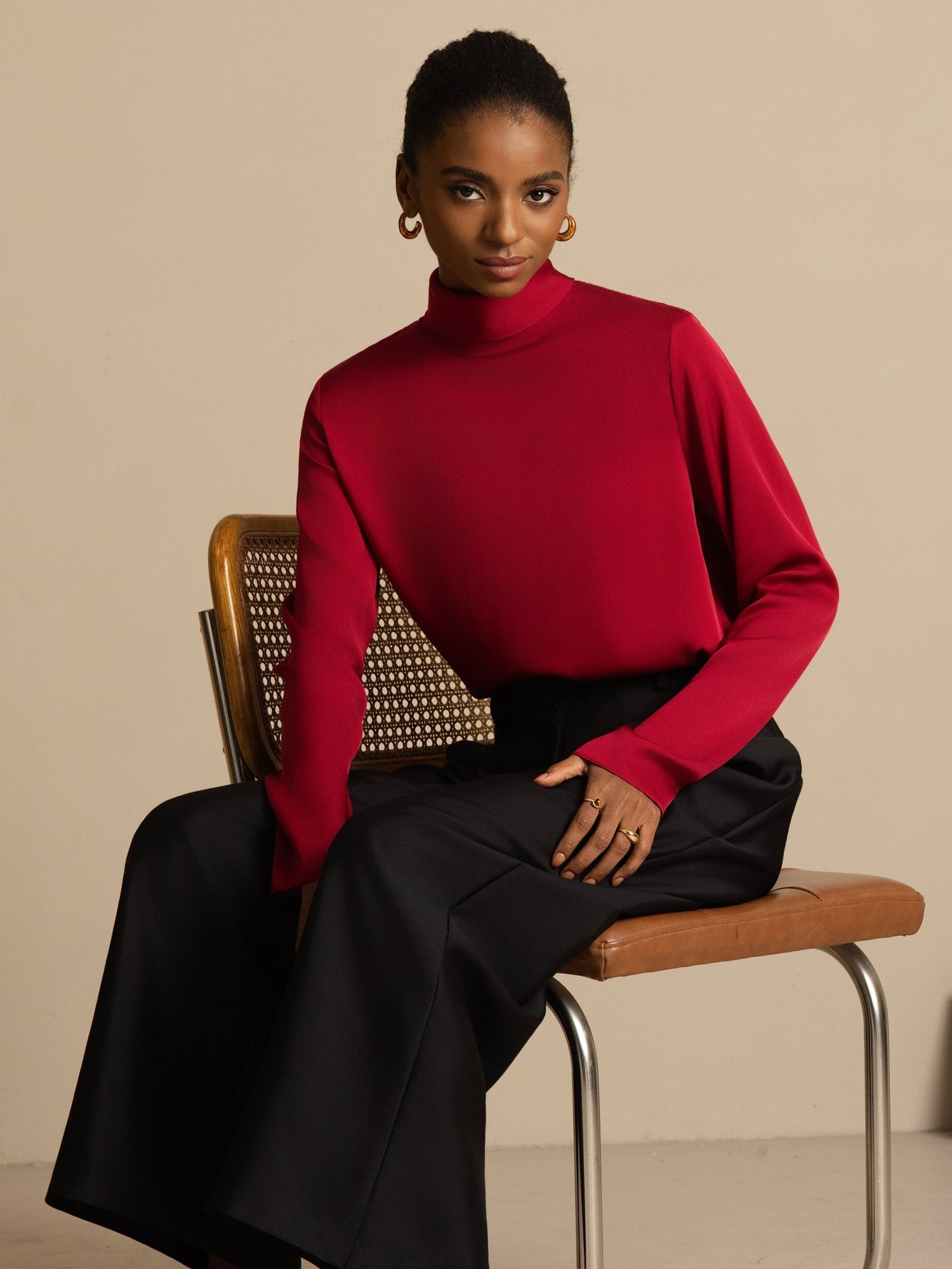 [Wine] SilkSilky-UK 19Momme Silk Long Sleeve Turtle Neck Women's T-Shirt 007