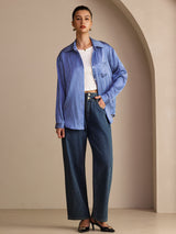 [Blue Pinstripe] SilkSilky-UK Long Sleeve Lapel Collar Women's Shirt 007