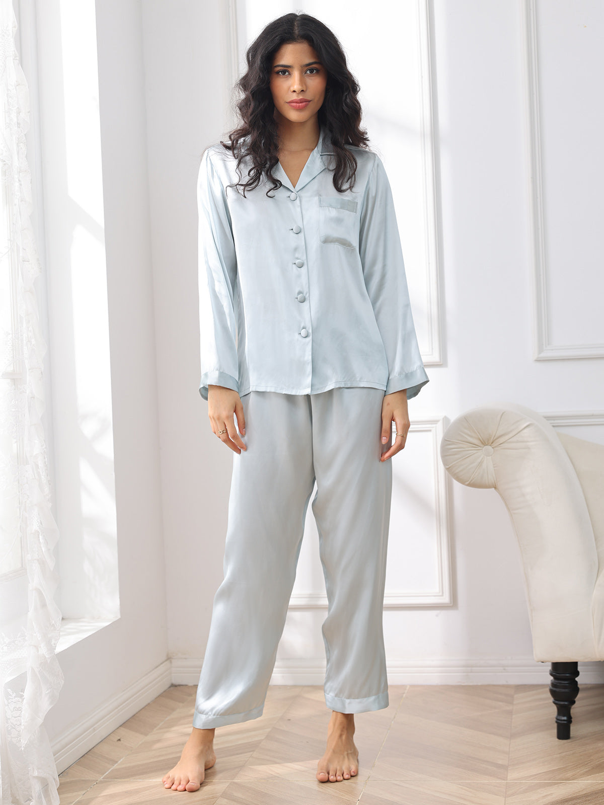 SilkSilky UK Pure Silk Long Sleeve Lapel Women's Pyjamas LightBlue 003