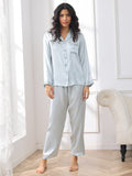 SilkSilky-UK Pure Silk Long Sleeve Lapel Women's Pyjamas LightBlue 003