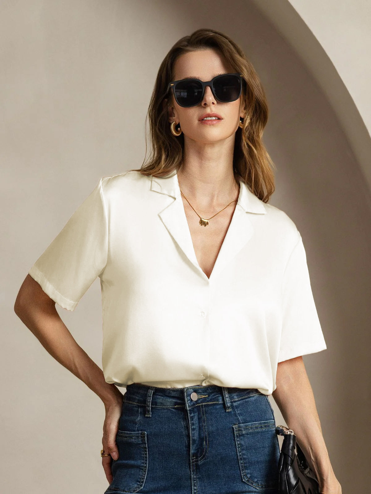[Ivory] SilkSilky-UK 19Momme Silk Notched Neck Women's Shirt 003