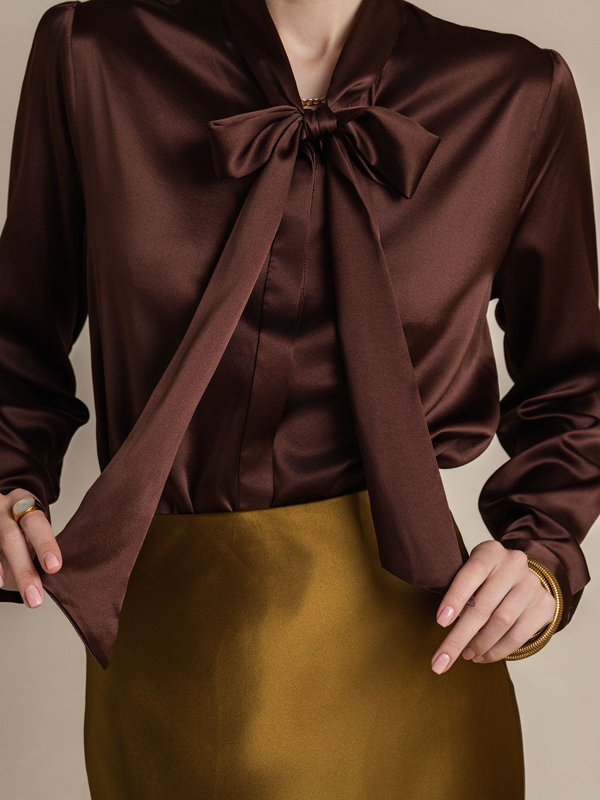 [Coffee] SilkSilky-UK 19Momme Silk Long Sleeve Tie Neck Women's Shirt 008