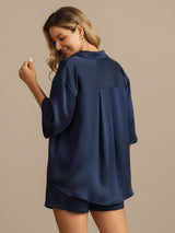 [Dark Blue] SilkSilky-UK 19Momme Machine-Washable Silk Half Sleeve Notch Collar Women's Pyjamas 002