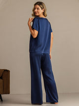 [Dark Blue] SilkSilky-UK 19Momme Machine-Washable Silk Short Sleeve Women's Pyjamas 002