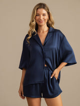 [Dark Blue] SilkSilky-UK 19Momme Machine-Washable Silk Half Sleeve Notch Collar Women's Pyjamas 006