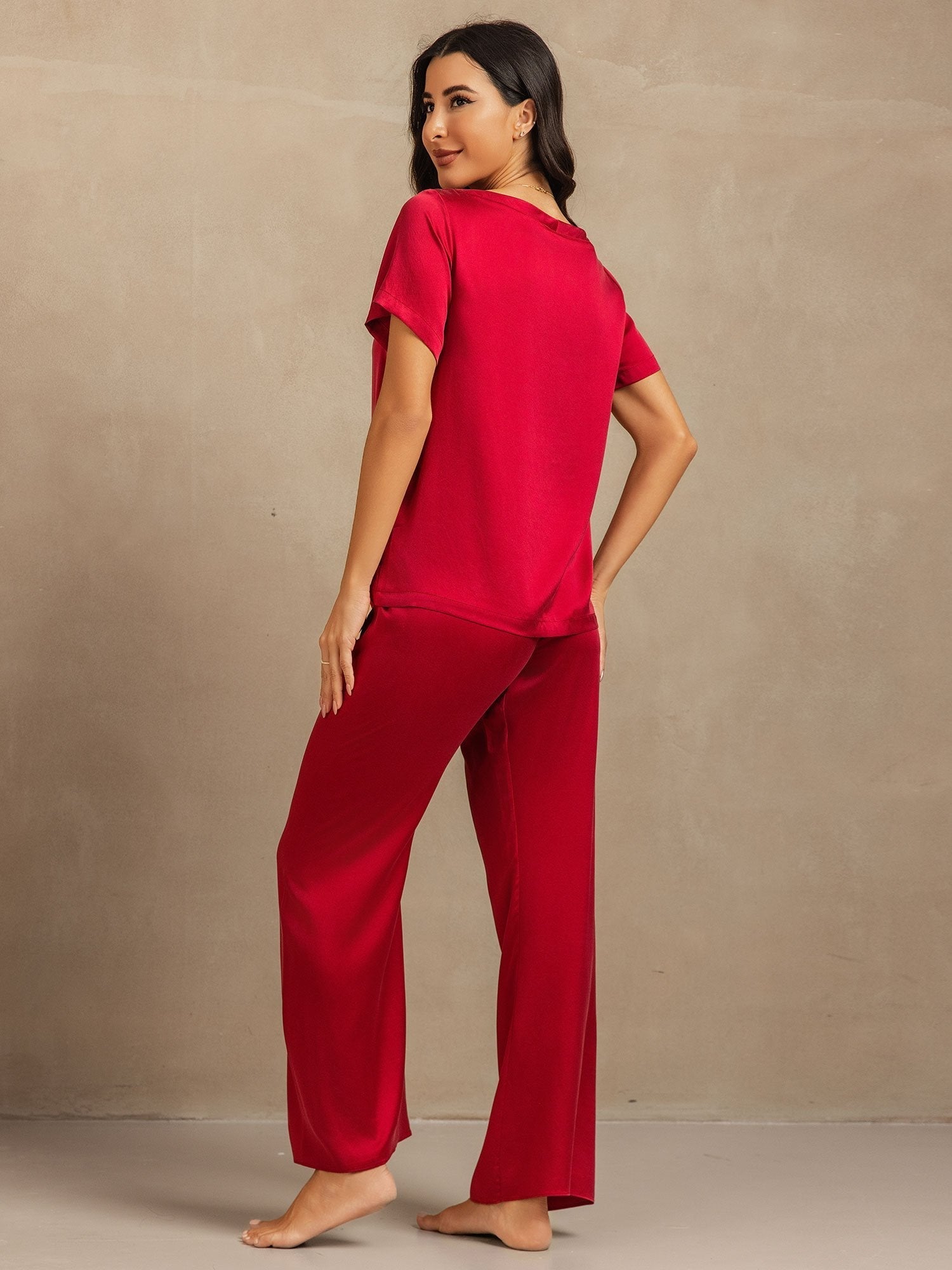 [Wine] SilkSilky-UK 19Momme Machine-Washable Silk Short Sleeve Women's Pyjamas 002