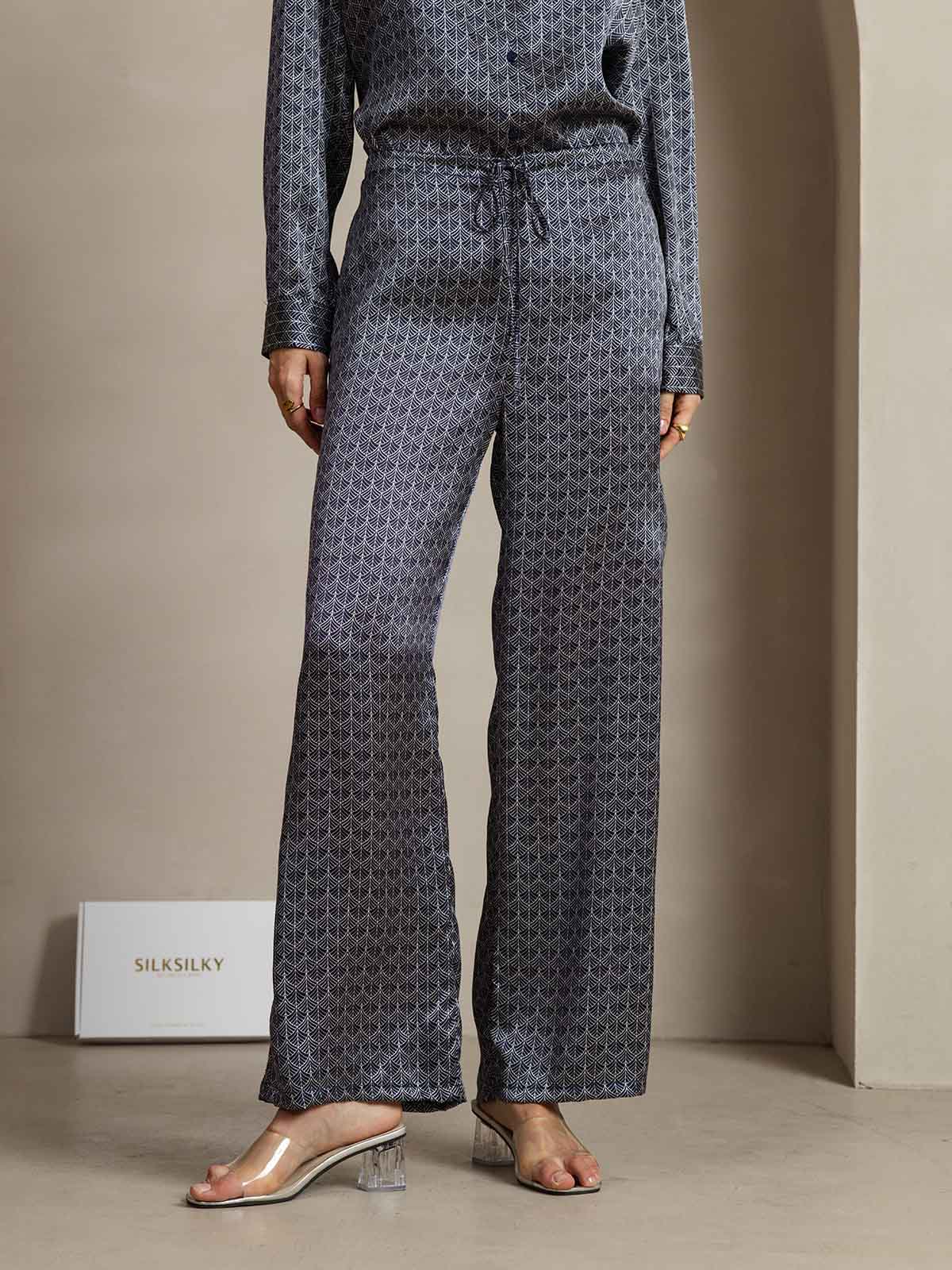 [Navy Ginkgo] SilkSilky-UK 19Momme Silk Womens Pants 001