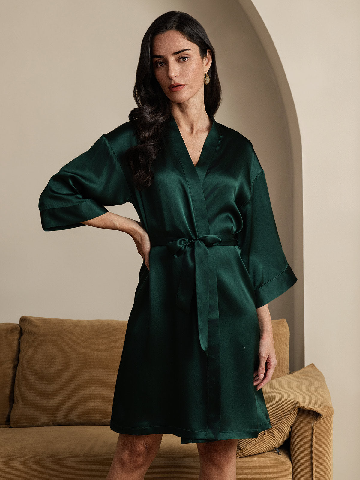 [Dark Green] SilkSilky-UK Pure Silk 3/4 Sleeve Wrap Women's Dressing Gown 003