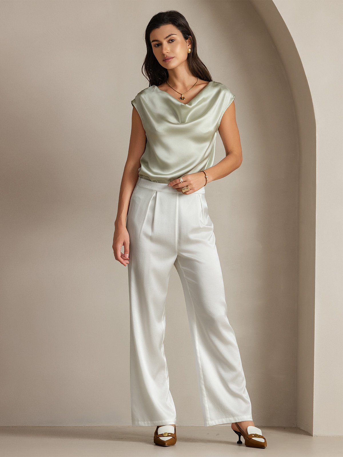 [Light Green] SilkSilky-UK 19Momme Silk Cap Sleeve Cowl Neck Women's T-Shirt 006