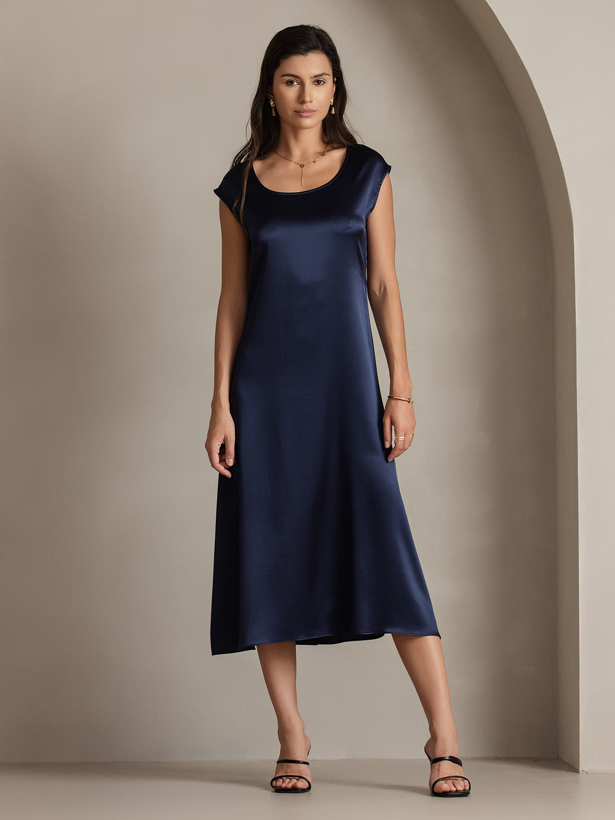 [Dark Blue] SilkSilky-UK 19Momme Silk Round Neck Dress 005