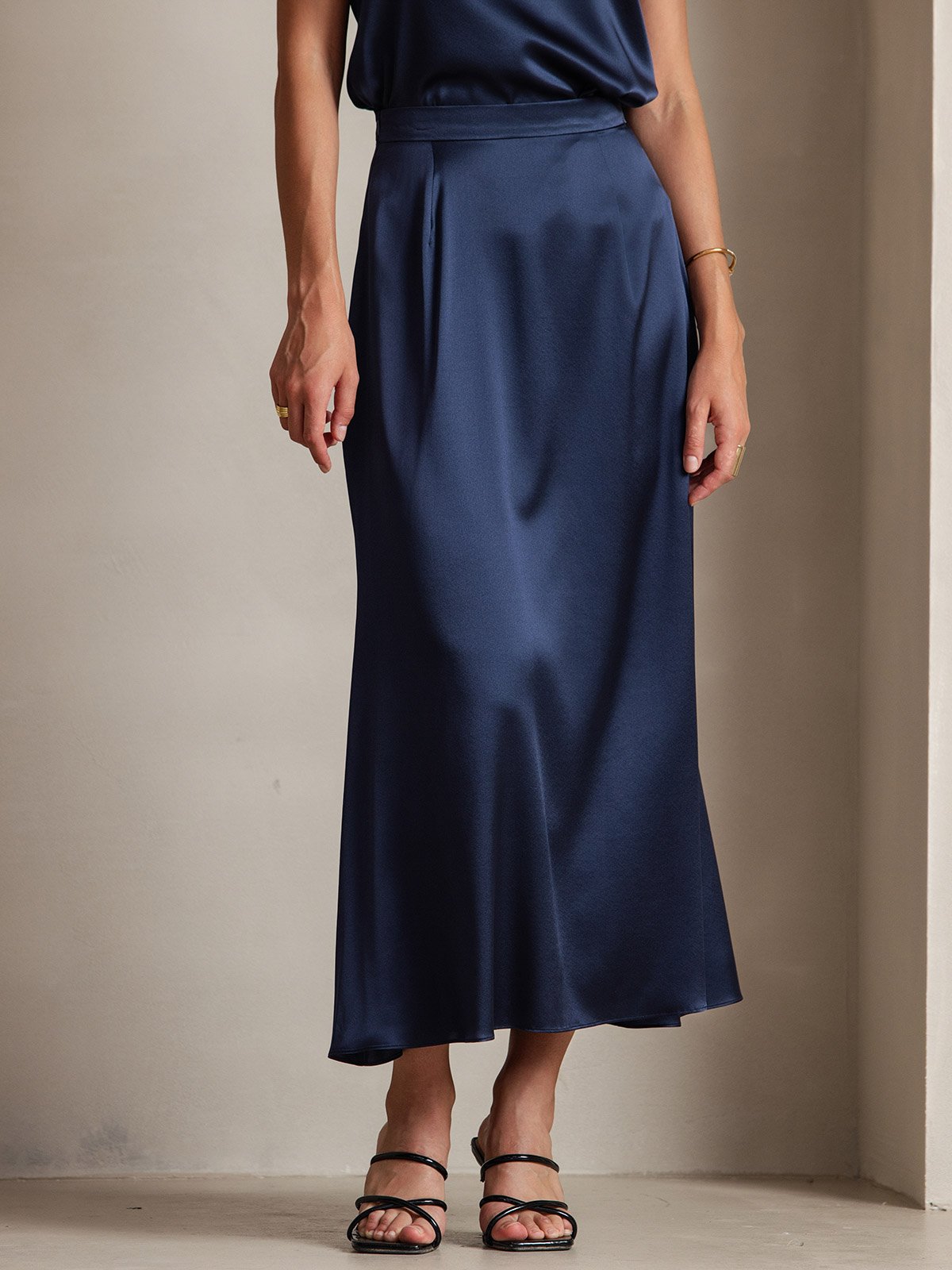 [Dark Blue] SilkSilky-UK 19Momme Stretch Silk Charmeuse Skirt 001