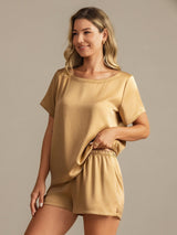 [Tan] SilkSilky-UK 19Momme Machine-Washable Silk Short Sleeve Round Neck Women's Pyjamas 006