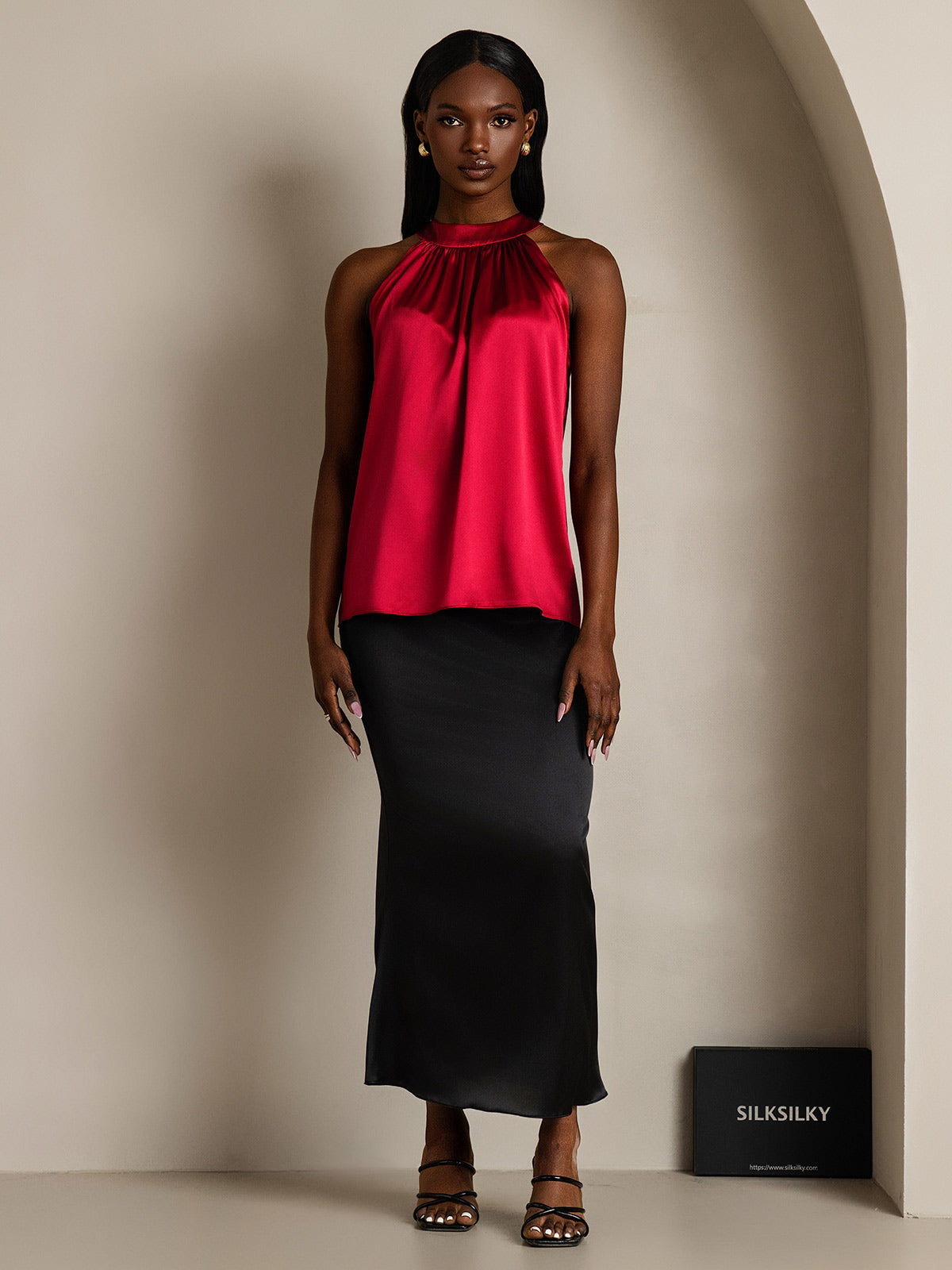 [Wine] SilkSilky-UK 19Momme Silk Sleeveless Halter Neck Women's T-Shirt 007