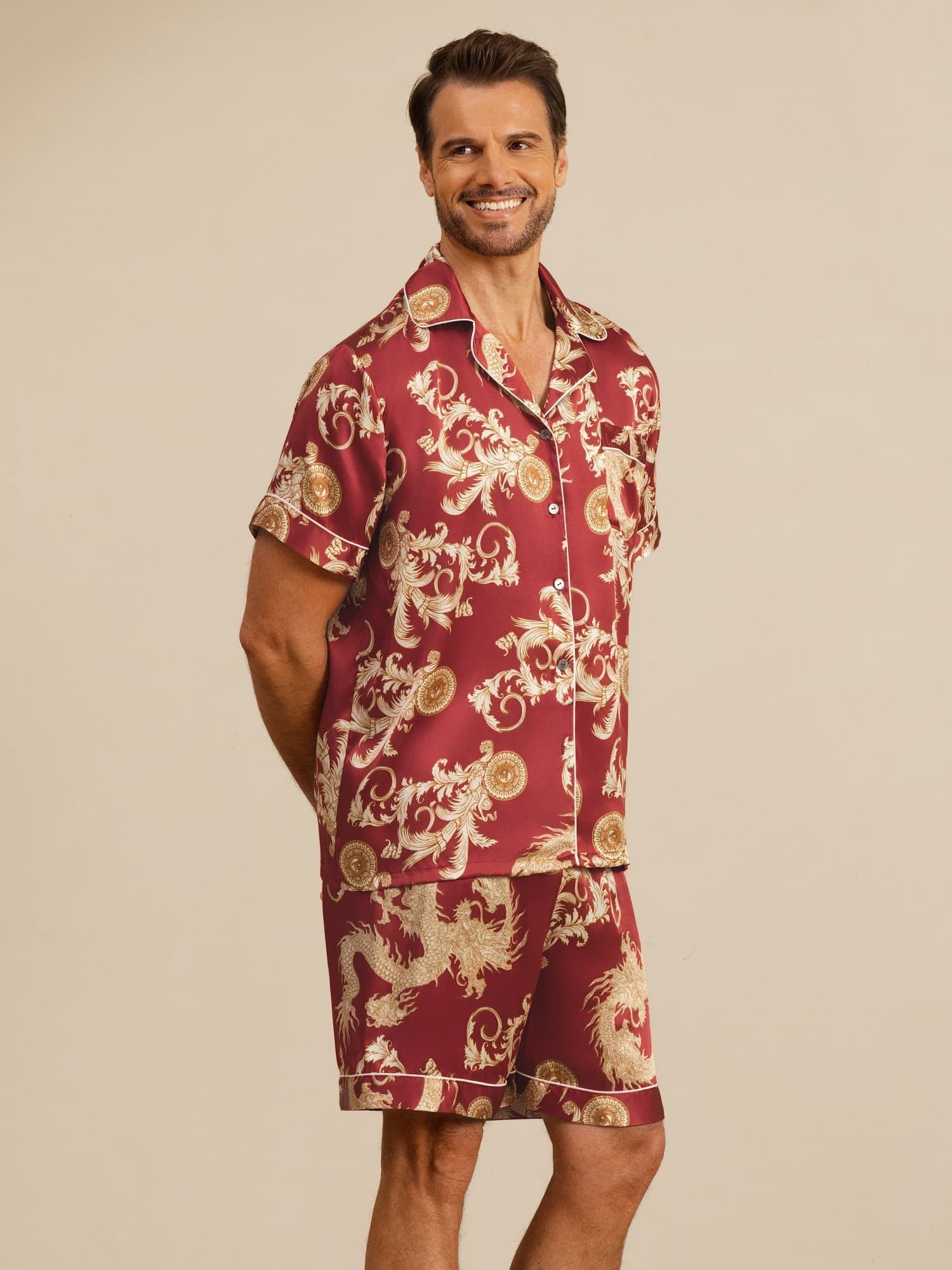 [Wine Dragon] SilkSilky-UK Short Sleeve Notch Collar Men's Pyjamas 003