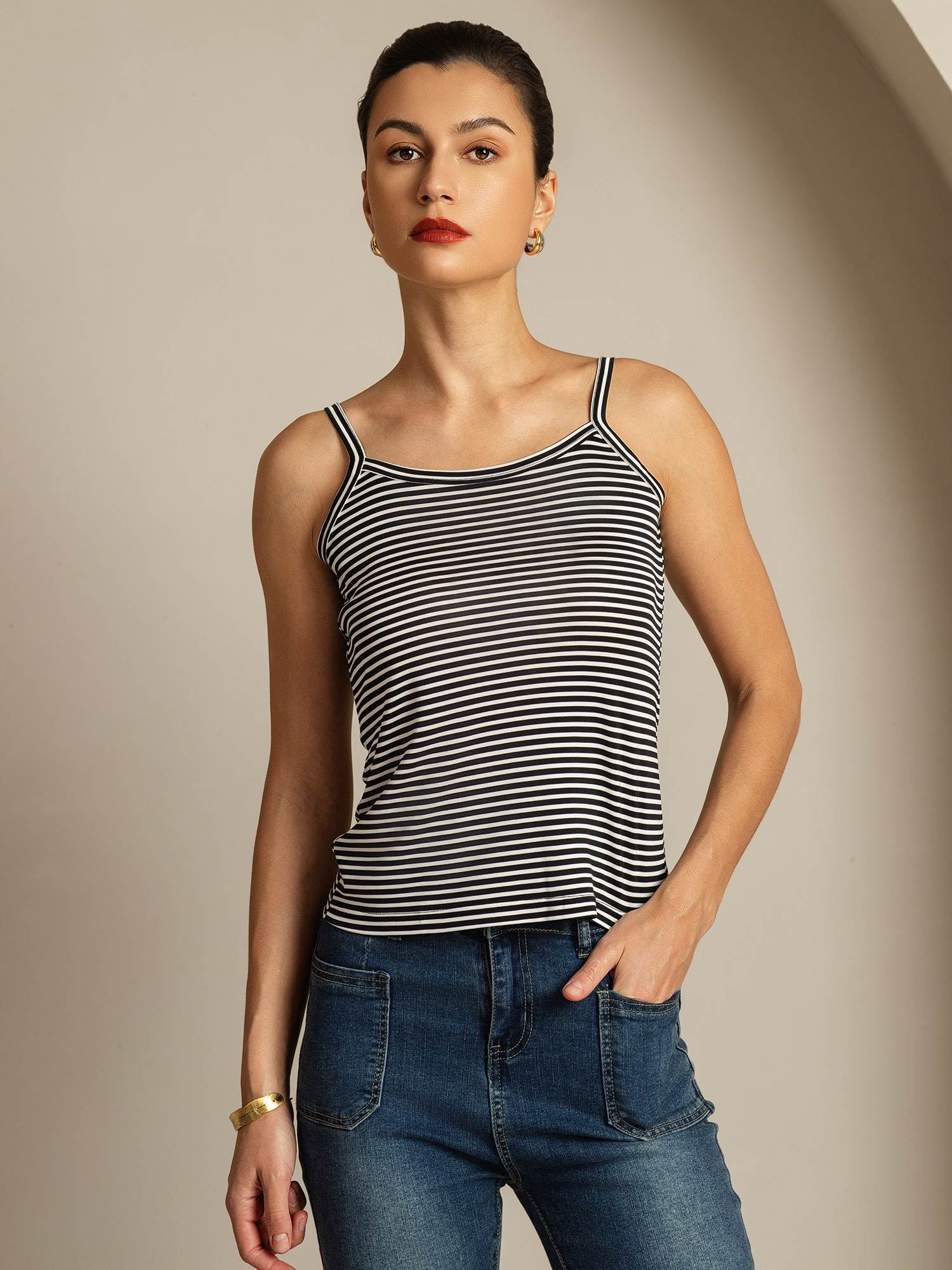 [Black Stripe] SilkSilky-UK Spaghetti Strap Square Neck Camisole 001