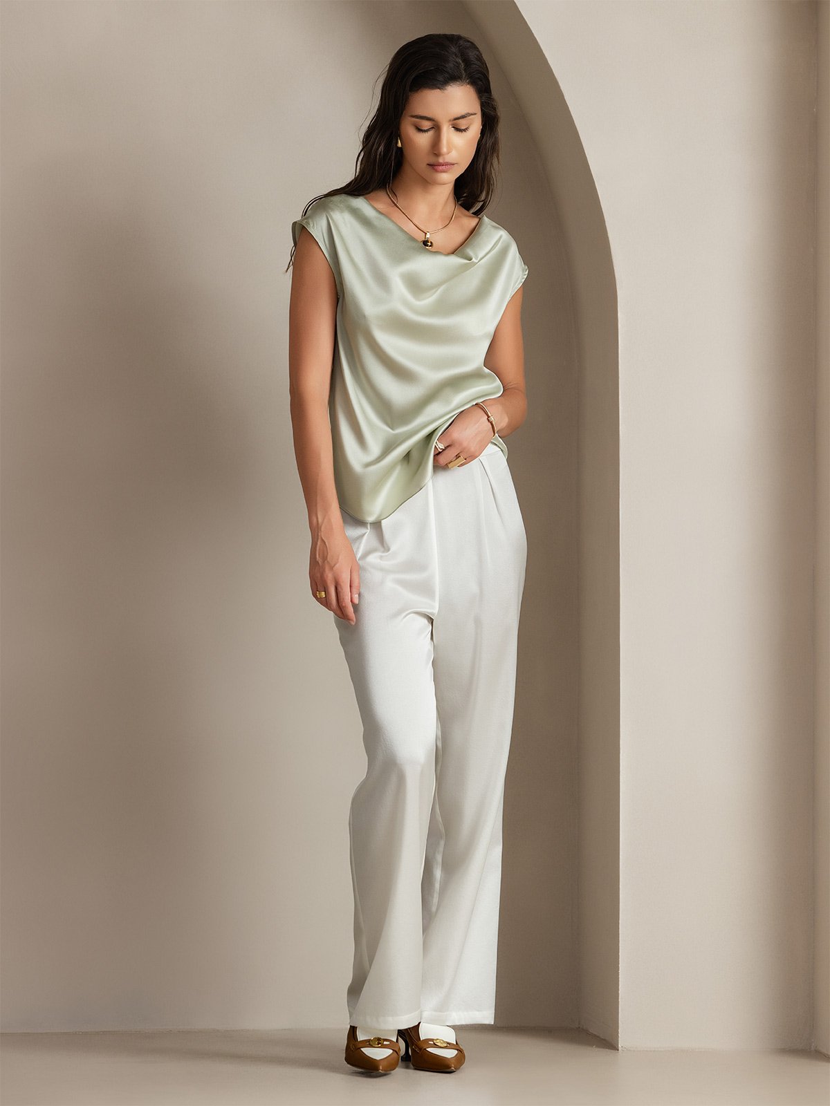 [Light Green] SilkSilky-UK 19Momme Silk Sleeveless Cowl Neck Women's T-Shirt 004