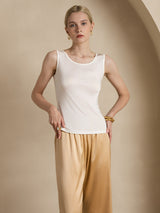 [White] SilkSilky-UK 100% Silk Jersey Sleeveless Round Neck Women's T-Shirt 005