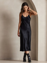 [Black] SilkSilky-UK Spaghetti Strap V Neck Dress 006