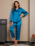 SilkSilky UK Pure Silk Long Sleeve Lapel Women's Pyjamas Teal 004