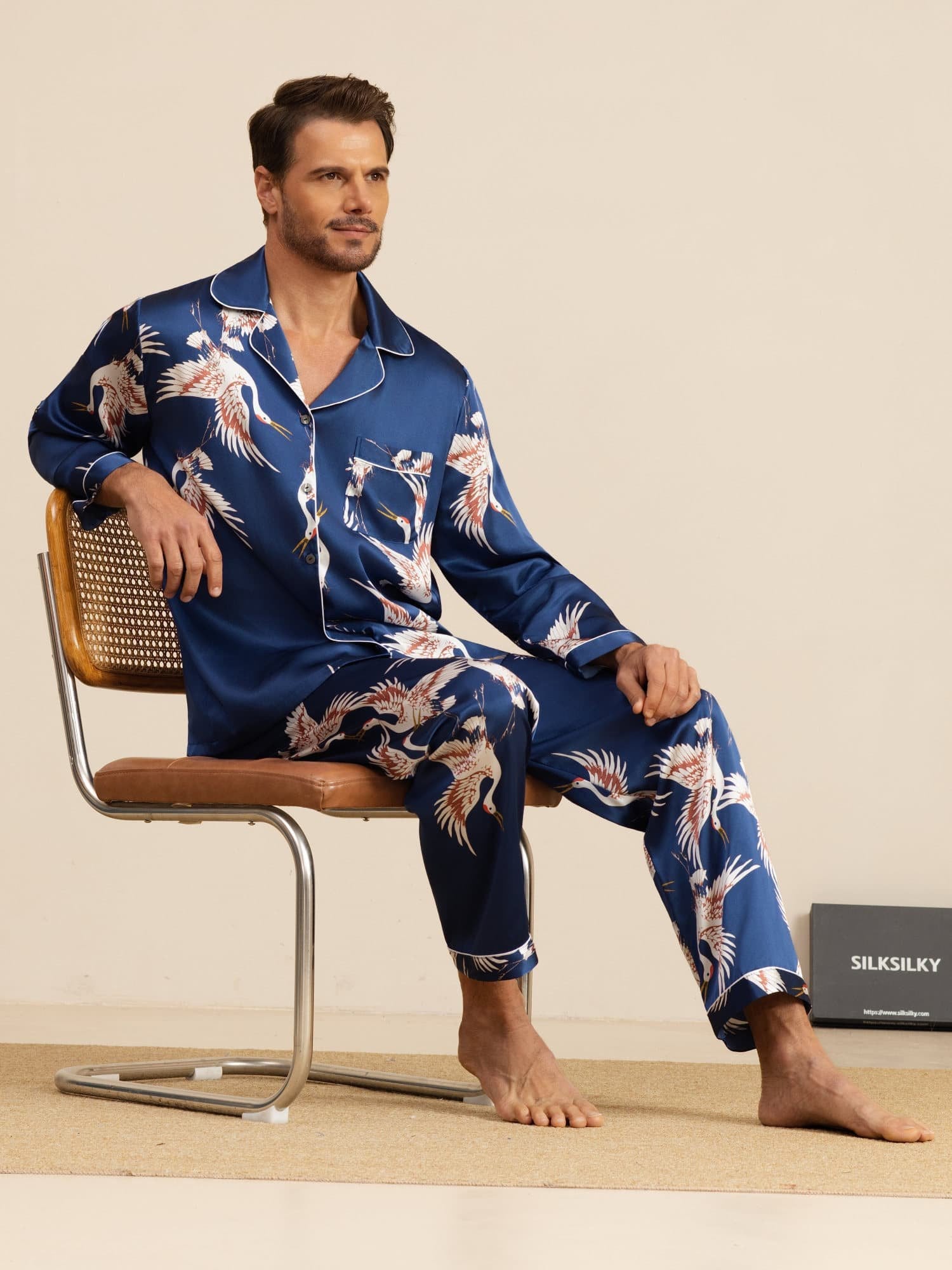 [Dark Blue] SilkSilky-UK 19Momme Long Sleeve Notch Collar Men's Pyjamas 008