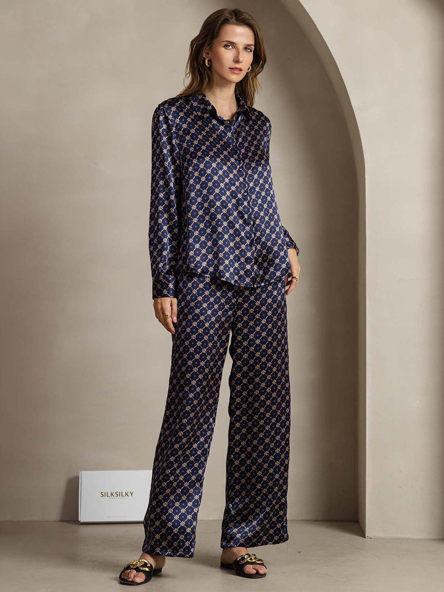 [NavyChain] SilkSilky-UK 19Momme Silk Collar Women''s Outfit Sets 001