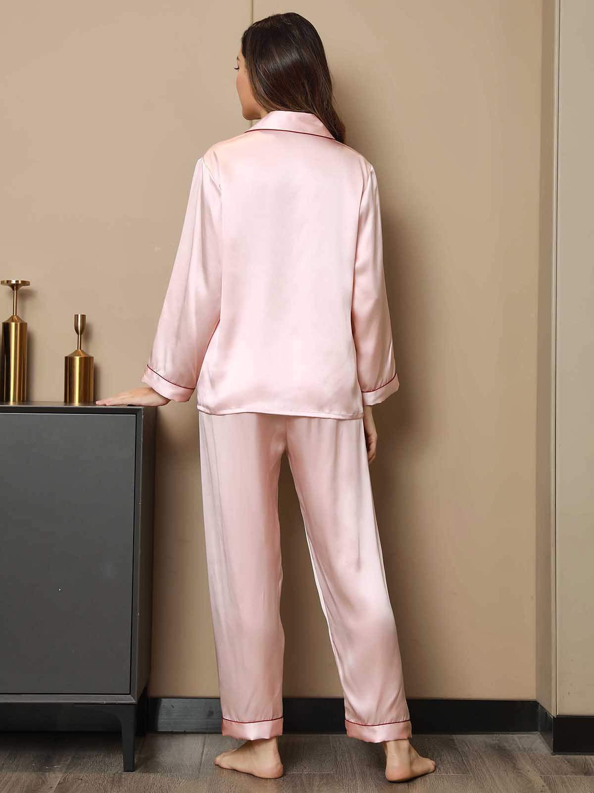 SilkSilky UK Pure Silk Long Sleeve Lapel Women's Pyjamas Pink 002