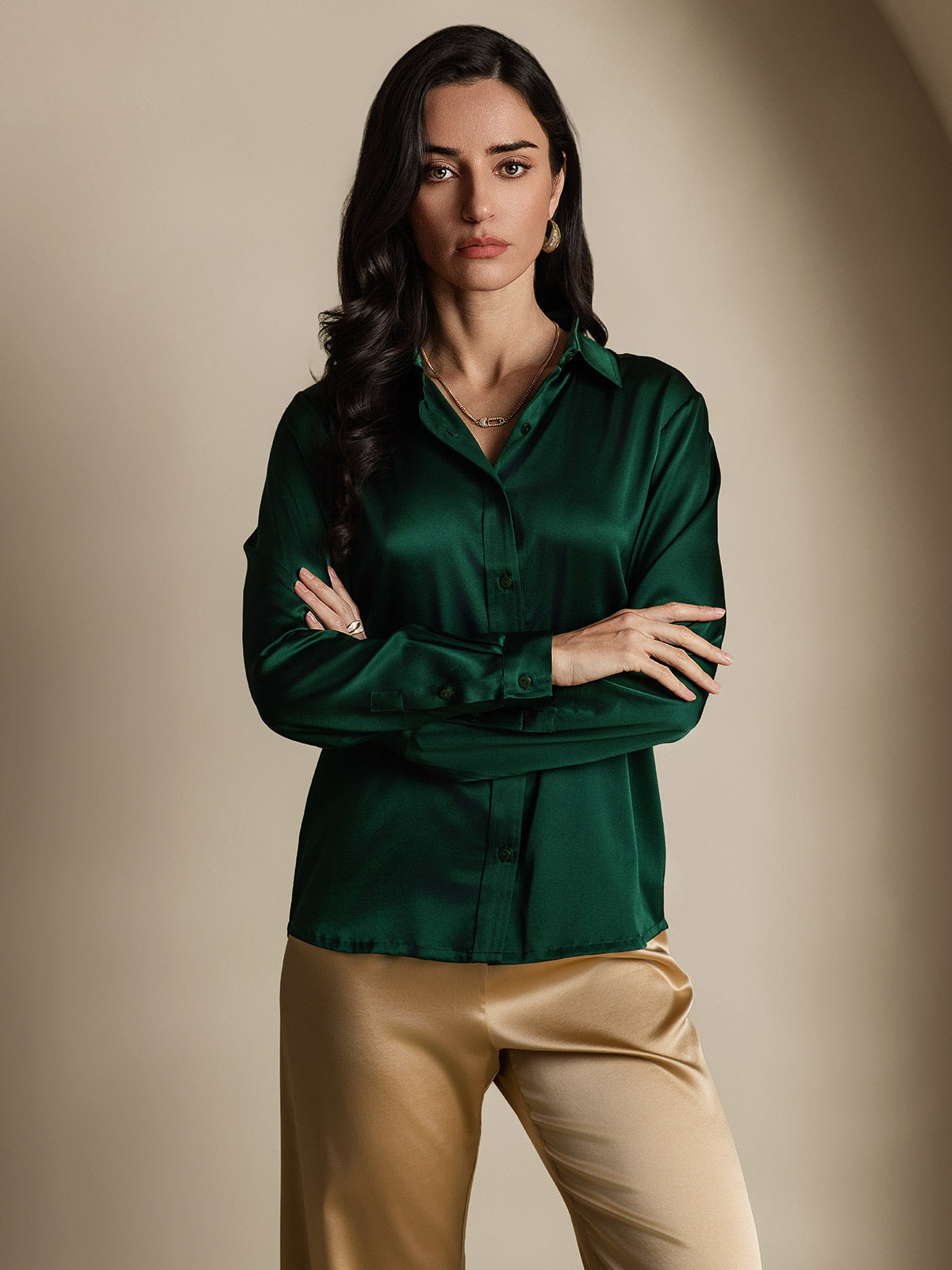 SilkSilky-UK 19Momme Silk Long Sleeve Collar Women's Shirt DarkGreen 005