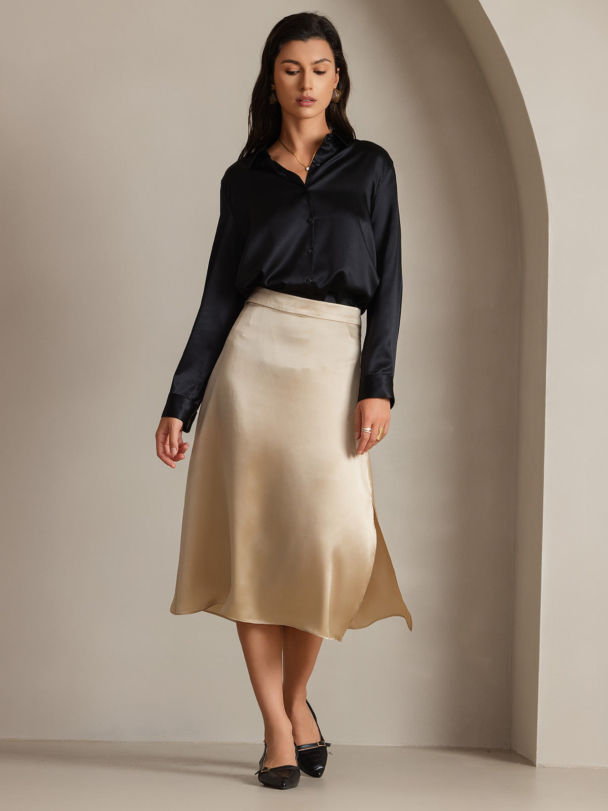 [Black] SilkSilky-UK Silk Long Sleeve Collar Women's Shirt 003