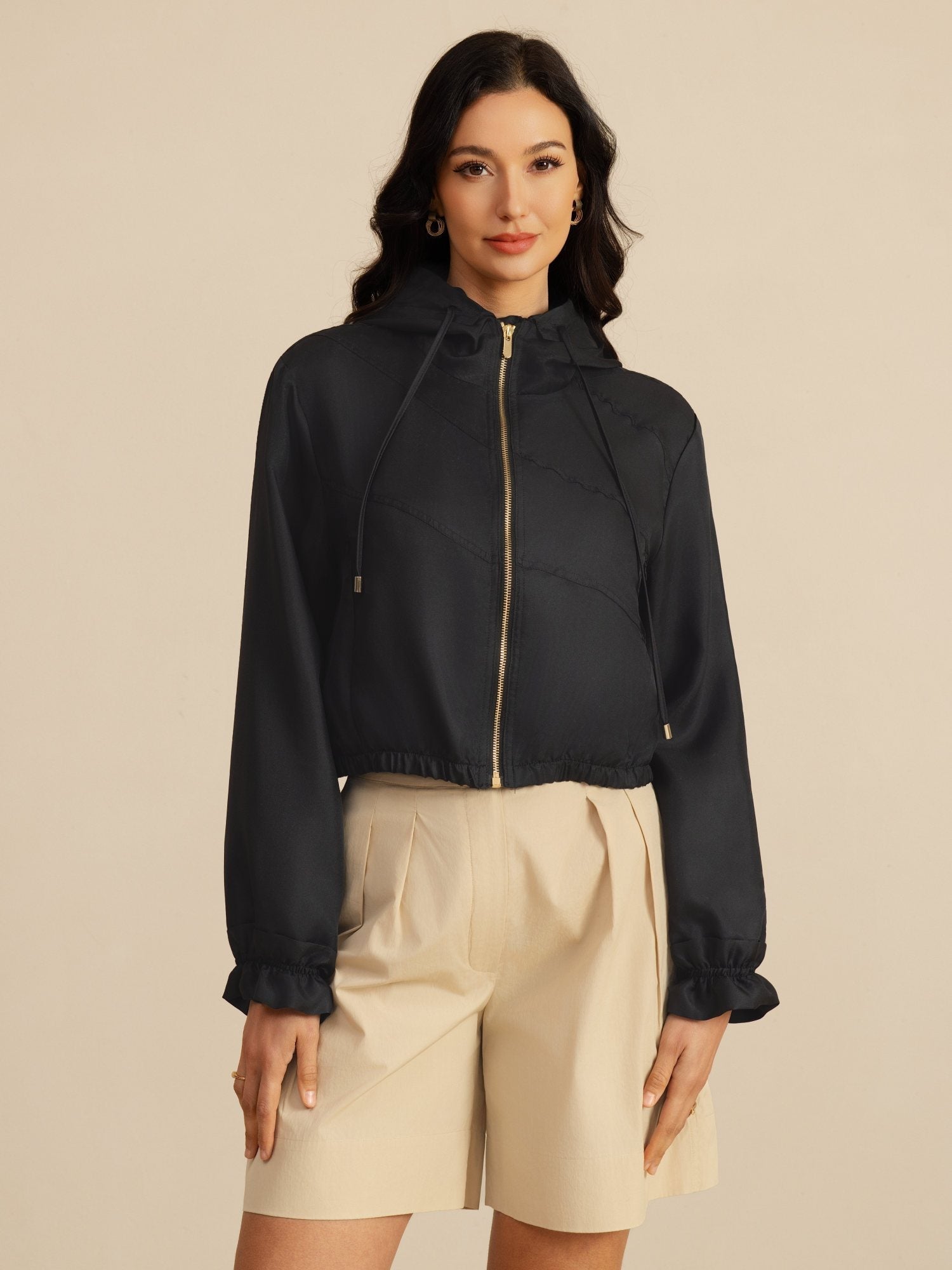 [Black] SilkSilky-UK 18Momme Silk Satin Surah Long Sleeve High Neck Women's Outerwear 001