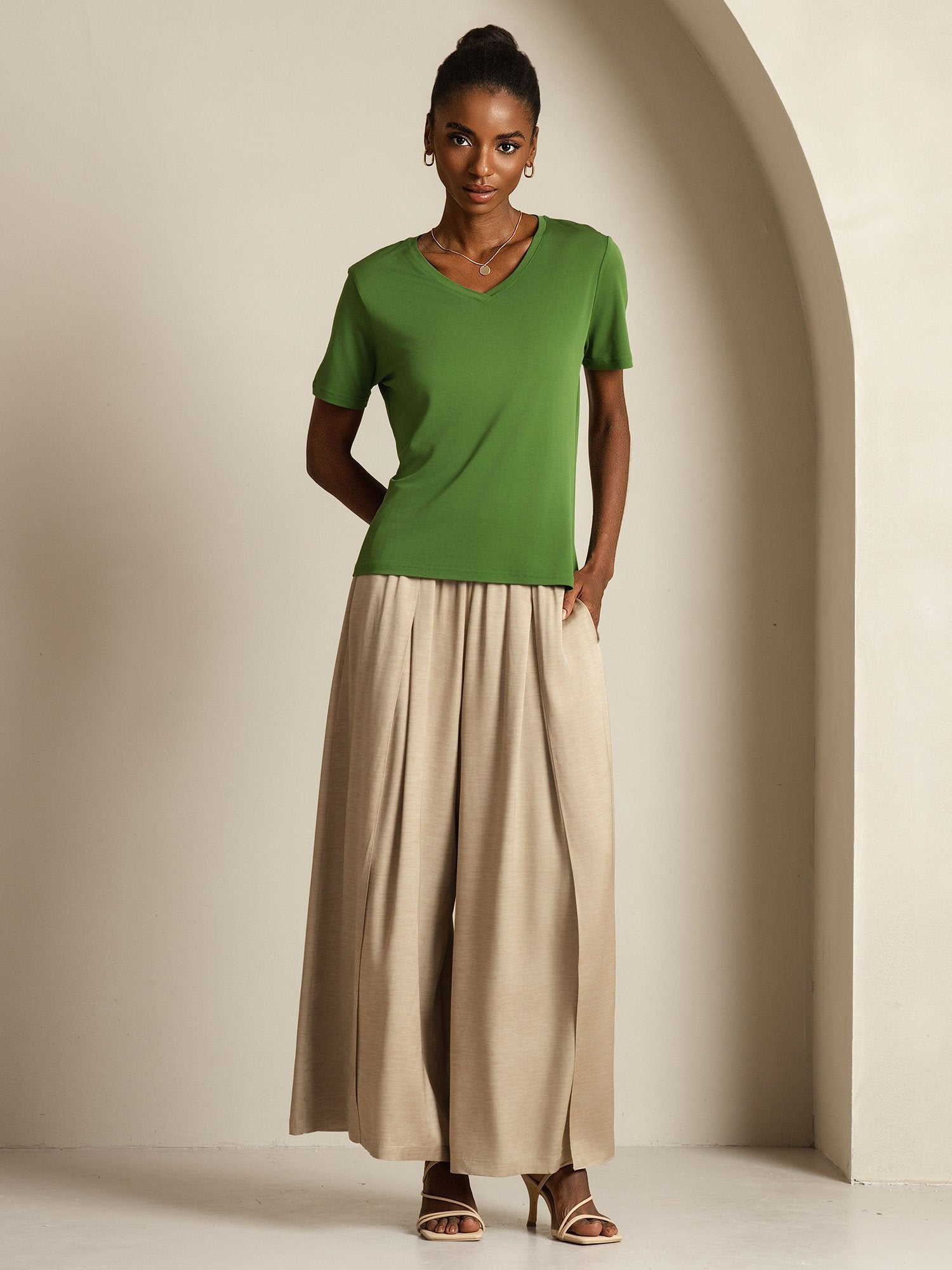 [Green] SilkSilky-UK Pure Silk V Neck Women's T-Shirt 009