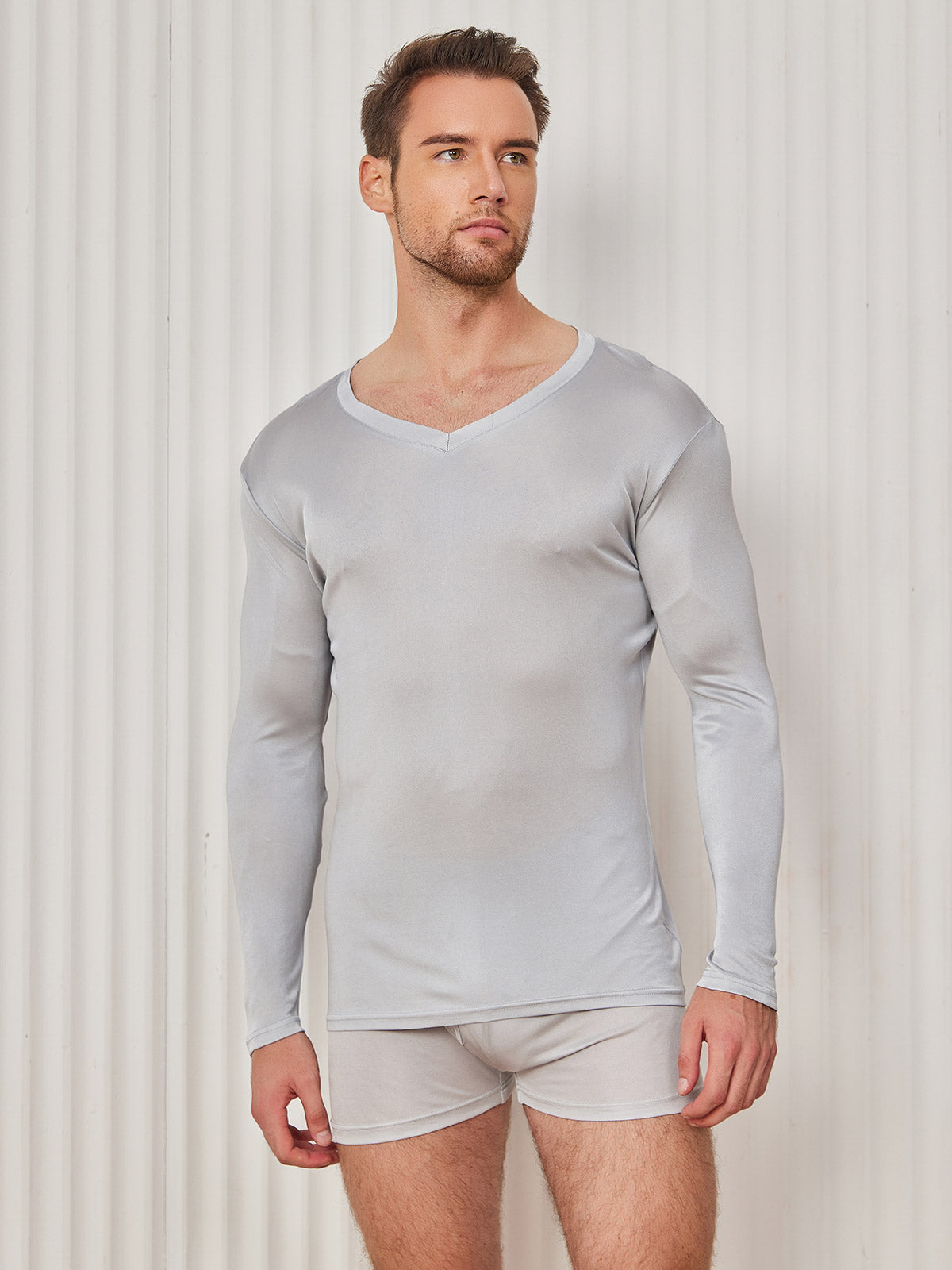 SilkSilky UK Silk Knitted Long Sleeve V Neck Men's T Shirt LightGray 004