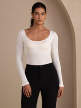 [White] SilkSilky-UK Long Sleeve U Neck Women's T-Shirt 001