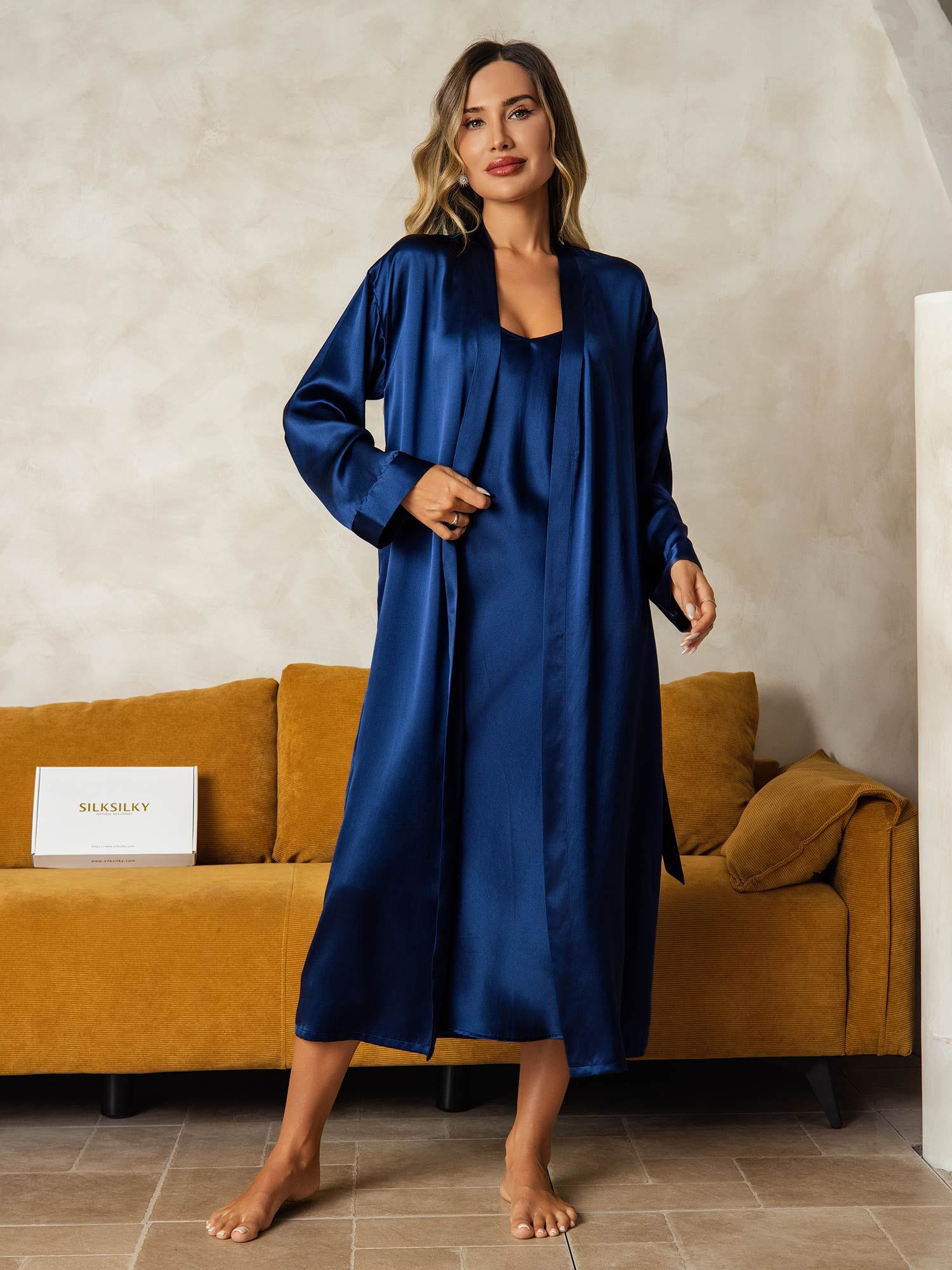 [DarkBlue] SilkSilky-UK Pure Silk V Neck Nightdress&Dressing gowns 008