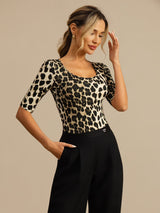 [Leopard] SilkSilky-UK 100% Silk Jersey Half Sleeve Scoop Neck Women's T-Shirt 005