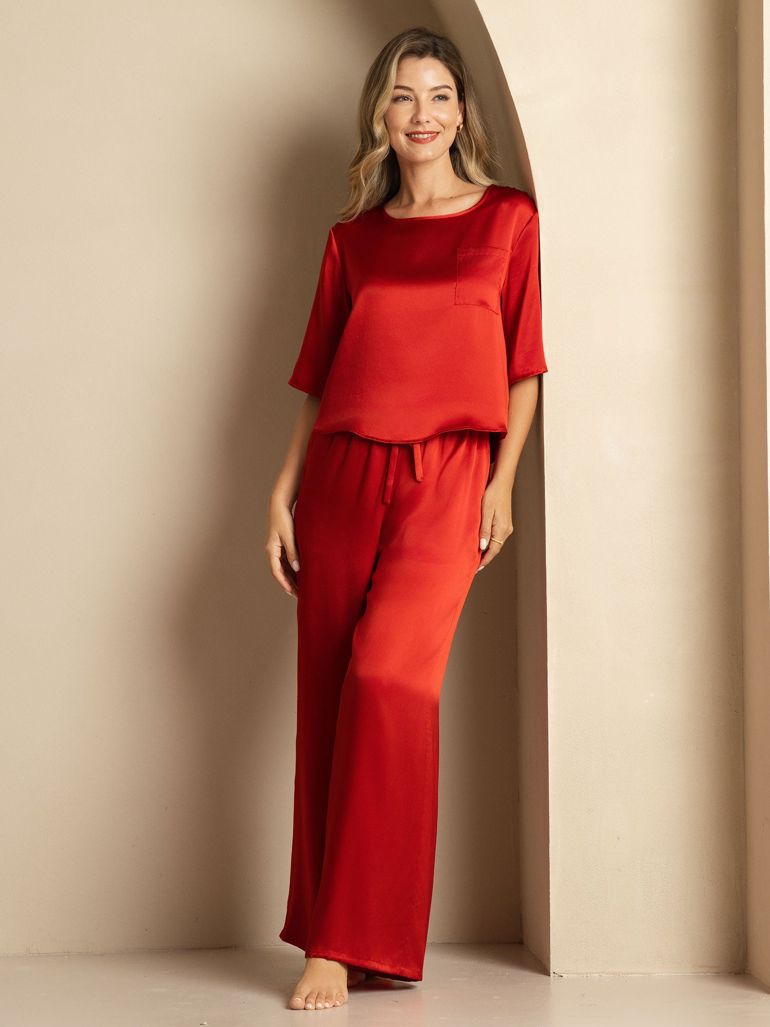 [Wine] SilkSilky-UK Pure Silk Round Neck Women's Pyjamas 006