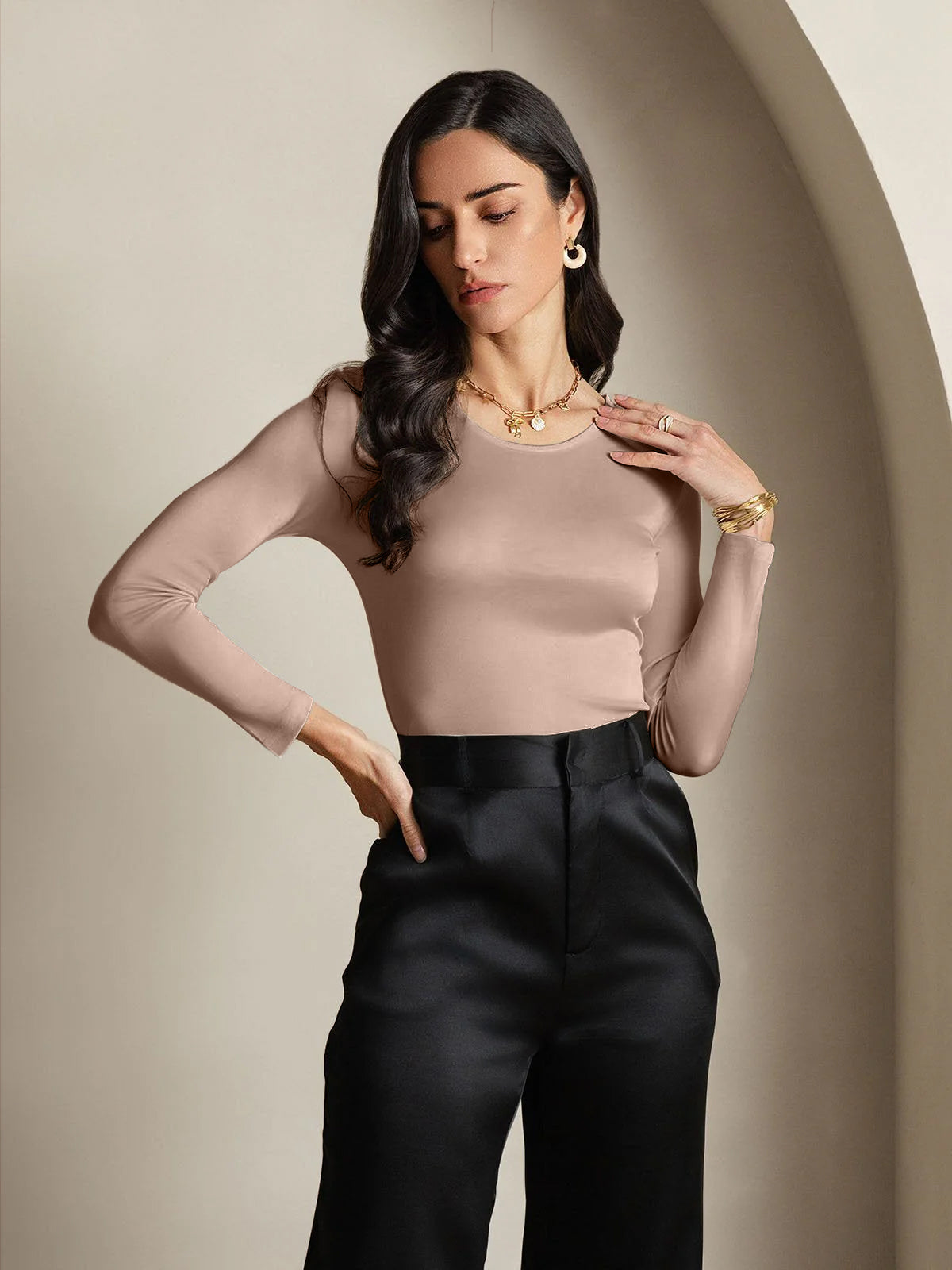 [Coffee] SilkSilky-UK Silk Round Neck Women's T-Shirt 003