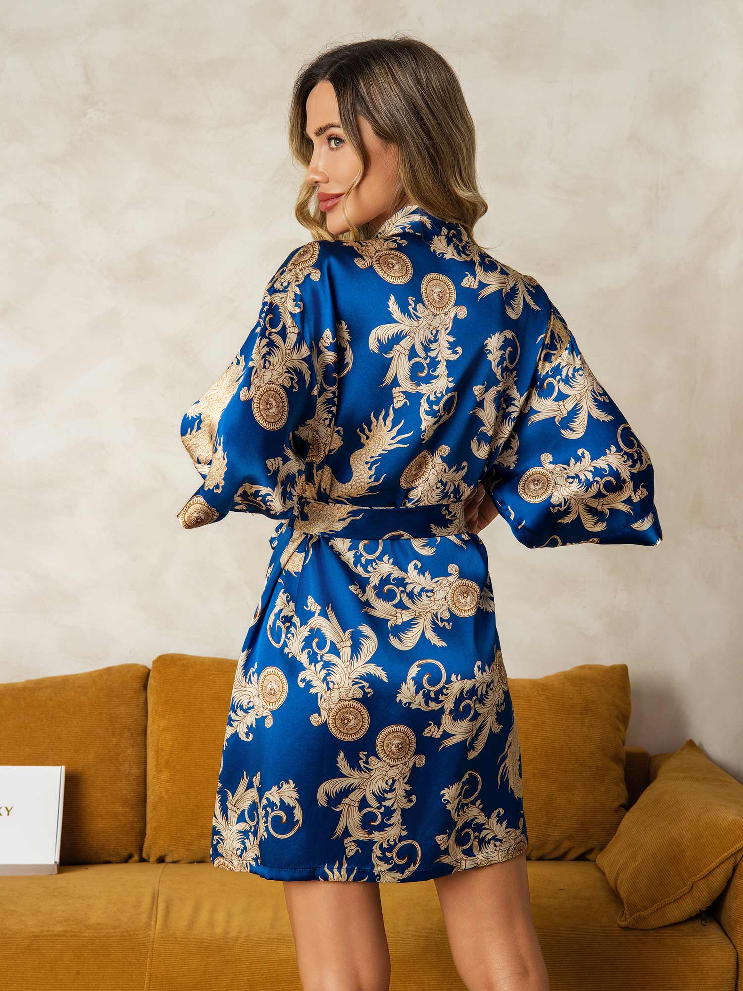 [Blue] SilkSilky-UK Pure Silk V Neck Women's Dressing Gown 002