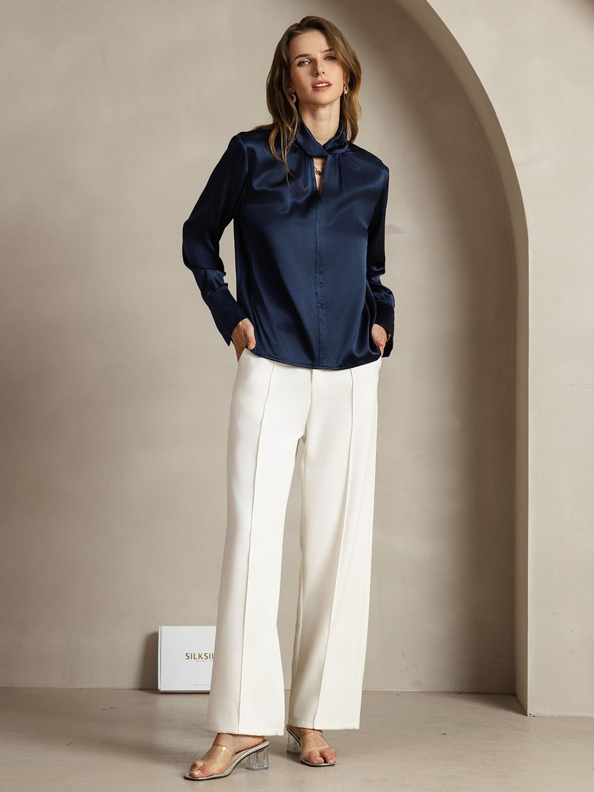 [DarkBlue] SilkSilky-UK 19Momme Silk Keyhole Neck Women's Shirt 008