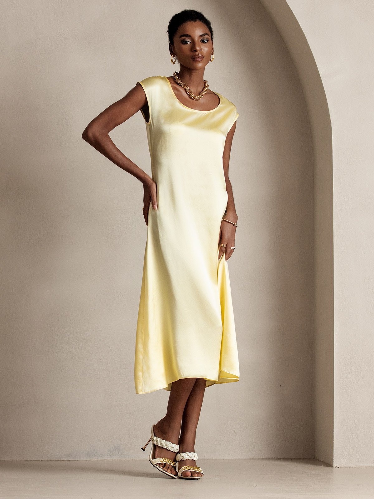 [Light Yellow] SilkSilky-UK 19Momme Silk Cap Sleeve Round Neck Dress 003