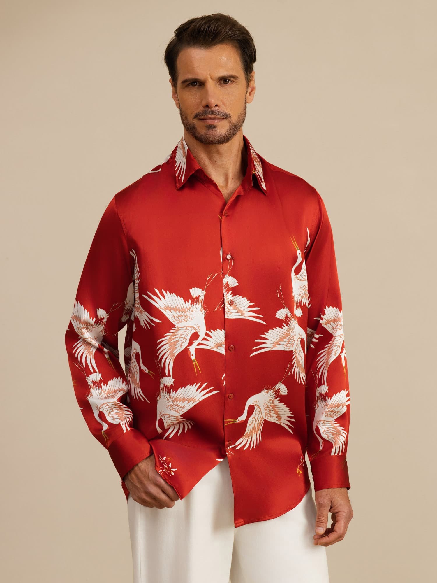 [Wine] SilkSilky-UK 19Momme Long Sleeve Lapel Collar Men's Shirt 001